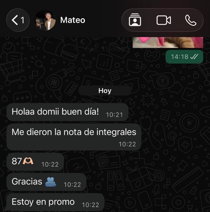 Mensaje de WhatsApp de Mateo: se sacó 87 en Integrales y promocionó