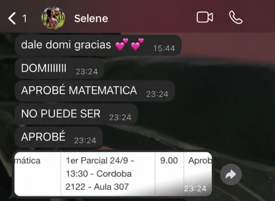 Mensaje de WhatsApp de Sele: aprobó Matemática con 9